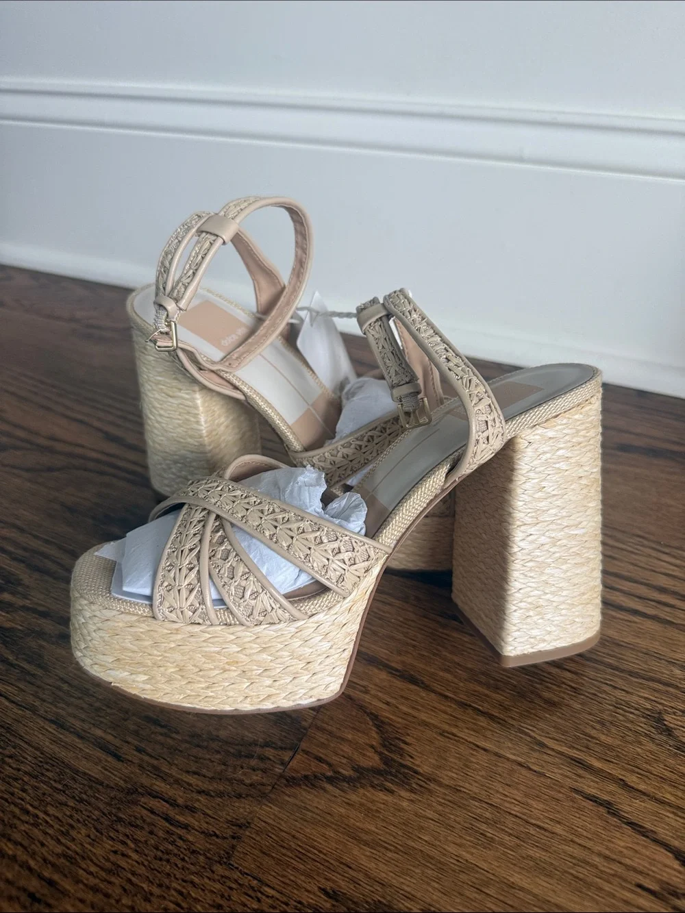 Dolce Vita Danila Cross Hatch Raffia Platform Sandals - Beige